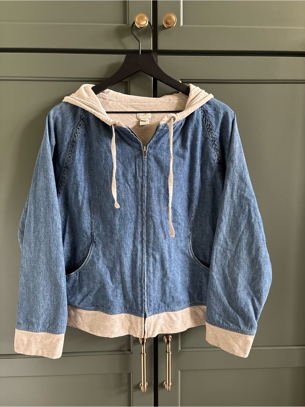 J. Jill Hoodie Boxy Cropped Denim Knit Lined Petite Jacket, Soft, Relaxed, MP